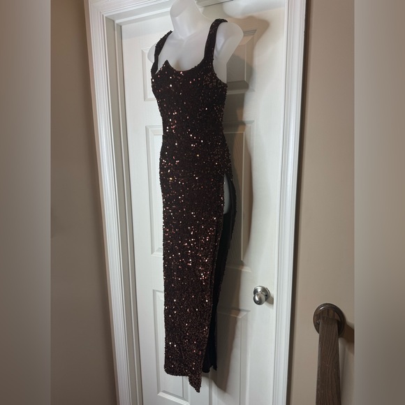 Brown Sequins Maxi Gown with High Slit - Picture 9 of 12